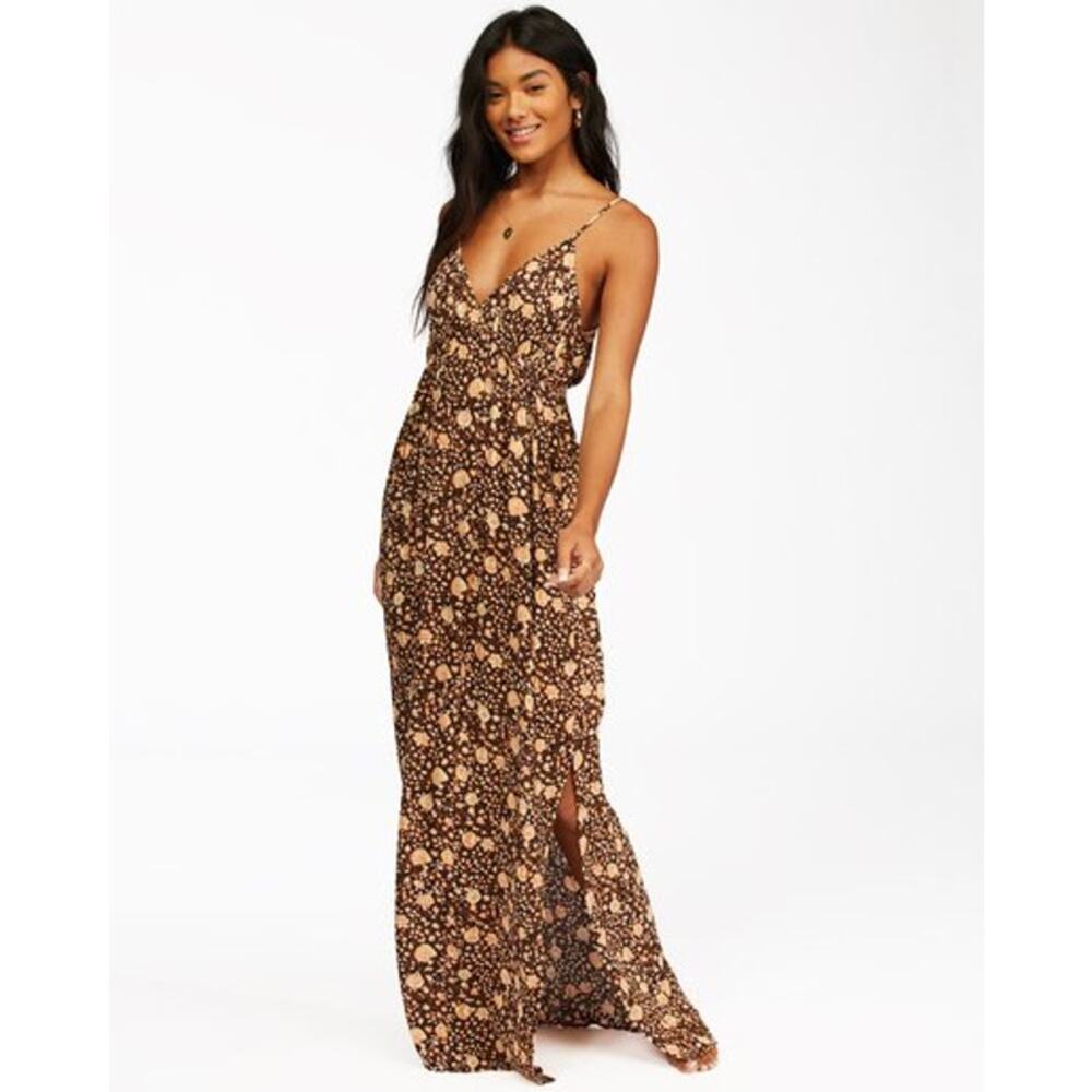 Billabong Sunbeams Floral Maxi Dress Side Slits Black Multi Size Med